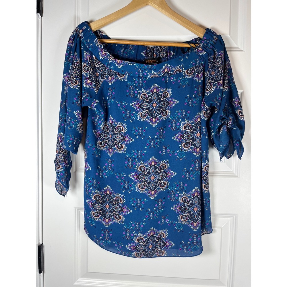 Renee C Blue Medallion Print Off Shoulder Tie Sleeve Blouse Top 2226TPI M